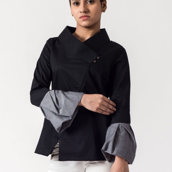 Tunedin Living Tops - Black Band Collar Ruffle Sleeves Top Blouse S/M